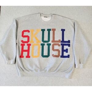 Skull House Sweatshirt Mens XL Gray Multi Color Block Letter Graphic Crewneck